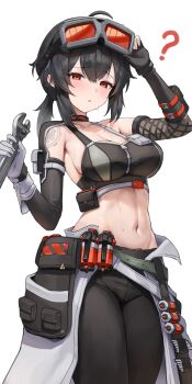 1girl ? absurdres ahoge belt black_choker black_gloves black_hair black_pants black_shirt breasts choker cleavage cowboy_shot crop_top gloves goggles goggles_on_head grace_howard hand_up highres large_breasts long_hair looking_at_viewer low_ponytail midriff muhae_(dcnh8882) navel open_mouth pants ponytail red_eyes shirt short_ponytail sleeveless sleeveless_shirt solo stomach sweat waist_cape zenless_zone_zero