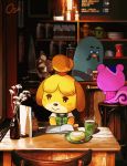 Rule 34 | 1boy, 2girls, :>, animal crossing, animal ears, animated, artist name, beak, black-framed eyewear, black jacket, black neckwear, black sclera, blinking, blonde hair, blush stickers, book, bottle, bottomless, bow, bowtie, brewster (animal crossing), cake, chair, closed mouth, coffee, coffee beans, coffee maker, colored sclera, cup, day, dog ears, dog girl, dog tail, drawing (object), drink, facial hair, flat chest, flower, food, from behind, full body, furry, glasses, green vest, gyroid, hair tie, half-closed eyes, hand up, happy, highres, indoors, isabelle (animal crossing), jacket, jar, looking down, menu, multiple girls, mustache, neck ribbon, nintendo, open book, open mouth, oshiruko (oshiruko s2), peanut (animal crossing), phonograph, pince-nez, pink shirt, plaid clothes, plaid shirt, plaid vest, plate, reading, red ribbon, ribbon, shelf, shirt, short hair, short sleeves, signature, sitting, sleeveless, sleeveless shirt, slice of life, smile, solo focus, spoon, squirrel ears, squirrel tail, steam, stool, table, tail, tail wagging, topknot, upper body, vest, video, vinyl record, white eyes, white flower, white shirt