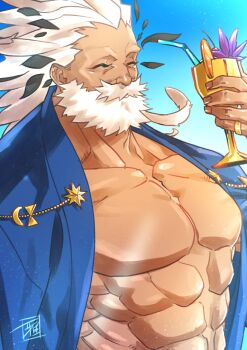 Rule 34 | 1boy, abs, beard, cherry, commentary request, cup, drinking straw, facial hair, fate/grand order, fate (series), food, fruit, full beard, holding, holding cup, jewelry, large pectorals, light particles, male focus, mature male, muscular, muscular male, old, old man, open clothes, pectorals, ptolemy (fate), ptolemy (third ascension) (fate), ring, ryuuki garyuu, solo, white hair