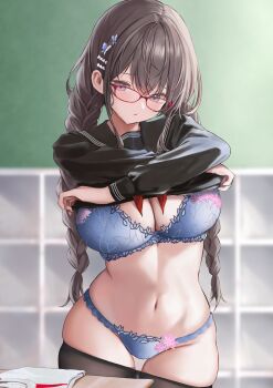 blue_bra blue_panties blush bra breasts desk glasses huziko32 lace lace_bra lace_panties large_breasts original panties pantyhose school_uniform serafuku underwear undressing