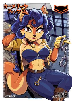 1girl 2023 abs animal_ear_fluff animal_ears arm_behind_head badge blue_hair body_fur book book_stack boots braid braided_ponytail breasts brown_boots brown_eyes carmelita_fox choker cleavage commentary crop_top crossed_legs cuffs curly_hair datskelebutt denim desk english_commentary female_focus fox_ears fox_girl fox_tail gloves handcuffs jacket japanese_text jeans key leaning_back leather leather_belt leather_boots long_hair medium_breasts midriff mike_luckas mole mole_under_eye orange_fur pants poster prison_cell red_lips shadow sitting sly_cooper_(series) smile snout solo tail toned toned_female very_long_hair wanted_poster yellow_gloves yellow_jacket