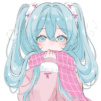 Rule 34 | 1girl, aqua eyes, aqua hair, commentary, enpera, hand up, hatsune miku, highres, ibispaint (medium), long hair, long sleeves, looking at viewer, pink scarf, plaid clothes, plaid scarf, scarf, shiina (user ecjx4545), solo, straight-on, symbol-only commentary, twintails, upper body, vocaloid