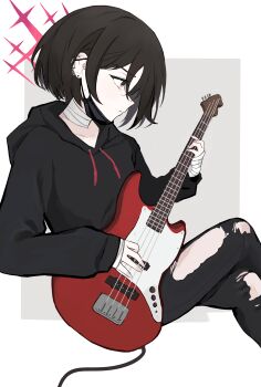 1girl absurdres bandaged_hand bandaged_neck bandages barbell_piercing bass_guitar black_hoodie black_mask black_pants blue_archive brown_hair commentary_request crossed_legs ear_piercing fender_jazz_bass from_side hakoyu_u halo highres holding holding_bass_guitar holding_instrument hood hoodie industrial_piercing instrument mask mask_pull misaki_(blue_archive) mouth_mask music pants piercing playing_bass_guitar playing_instrument red_halo short_hair solo surgical_mask torn_clothes torn_pants