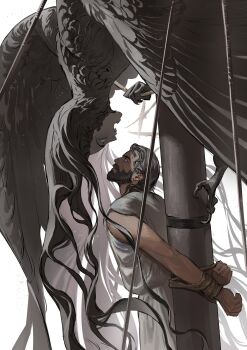 Rule 34 | 1boy, 1girl, ancient greek clothes, beard, bound, bound wrists, brown hair, facial hair, from side, full beard, greco-roman clothes, greek mythology, harpy, highres, long hair, looking at another, mature male, medium hair, monster girl, odysseus (mythology), robe, rope, rora (auroradiation), simple background, siren (mythology), sleeveless robe, traditional harpy, white background, white robe, yellow eyes