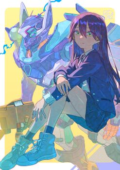 Rule 34 | 1girl, commentary request, conch (gundam), full body, gfred, gundam, gundam gquuuuuux, highres, jacket, long hair, looking at viewer, mecha, mobile suit, nobile1031, non-humanoid robot, nyaan (gundam gquuuuuux), purple hair, robot, school uniform, science fiction, shoes, sitting, sneakers, solo, wireless earphones, yellow eyes, zeon