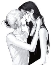 Rule 34 | 2girls, bare arms, bare shoulders, breasts, camisole, chinese commentary, cleavage, closed eyes, eyelashes, greyscale, hair bun, hand in another&#039;s hair, highres, imminent kiss, kny yy, long hair, mole, mole on cheek, mole under eye, monochrome, multiple girls, original, short hair, sidelocks, simple background, small breasts, upper body, white background, yuri