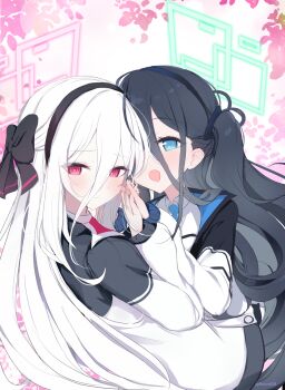 2girls aqua_halo aris_(blue_archive) black_bow black_hair black_hairband blue_archive blue_eyes blue_necktie blush bow closed_mouth collared_shirt commentary_request hair_between_eyes hair_bow hairband halo highres interlocked_fingers jacket kei_(blue_archive) long_bangs long_hair looking_at_another looking_at_viewer multiple_girls necktie one_side_up open_mouth pink_halo red_eyes sakurano_rocco shirt white_hair white_jacket white_shirt