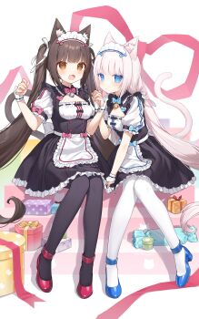 2girls :3 :d absurdres animal_ear_fluff animal_ears animal_print apron bell black_dress black_pantyhose blue_bow blue_bowtie blue_eyes blue_shoes blunt_bangs blush bow bowtie box breasts brown_hair brown_tail buttons cat_ears cat_girl cat_print cat_tail character_name chocola_(nekopara) cleavage_cutout closed_mouth clothing_cutout colored_eyelashes dress frilled_apron frilled_dress frills full_body gift gift_box hair_ribbon hand_up hands_up heart heart_button high_heels highres holding_hands jingle_bell knees_together_feet_apart light_blush long_hair looking_at_viewer low_twintails maid maid_apron maid_headdress medium_breasts miyayoki multiple_girls name_tag neck_bell nekopara no_eyebrows open_mouth orange_eyes pantyhose pink_bow pink_bowtie puffy_short_sleeves puffy_sleeves red_ribbon red_shoes ribbon shoes short_dress short_sleeves siblings sidelocks sisters sitting small_breasts smile straight_hair tail tail_raised twins twintails vanilla_(nekopara) very_long_hair white_apron white_hair white_pantyhose white_ribbon white_tail white_wrist_cuffs wrist_cuffs