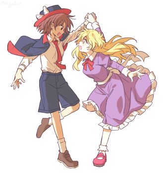 2girls :d back_bow black_cape black_hat black_shorts blonde_hair blush bow bowtie brown_eyes brown_hair brown_shoes cape collared_shirt commentary_request dress foot_up frilled_skirt frills full_body hands_up hashtag-only_commentary hat hat_bow holding_hands long_hair long_sleeves looking_at_another maribel_hearn mary_janes multiple_girls necktie no_headwear open_mouth profile purple_dress re_ghotion red_bow red_bowtie red_necktie red_shoes sash shirt shoes short_hair shorts simple_background skirt smile socks touhou two-sided_cape two-sided_fabric usami_renko white_background white_bow white_sash white_shirt white_socks yellow_eyes