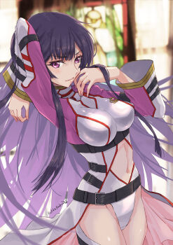 1girl belt black_belt black_hair blush bodysuit breasts code_geass code_geass:_dakkan_no_roze commentary_request hair_between_eyes highres jun_(rellik_&amp;_redrum) large_breasts long_hair looking_at_viewer mecha_pilot_suit pink_eyes sidelocks smile solo sumeragi_sakuya teeth