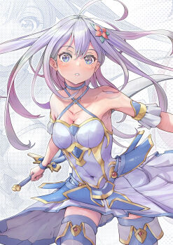 Rule 34 | 1girl, absurdres, antenna hair, bare shoulders, breasts, character request, cleavage, collarbone, copyright request, covered navel, criss-cross halter, dithered background, dress, flower, hair flower, hair ornament, halterneck, highres, holding, holding sword, holding weapon, long hair, looking at viewer, parted lips, purple dress, purple hair, shirosai nekocha, sleeveless, sleeveless dress, solo, sword, thighhighs, weapon, zoom layer