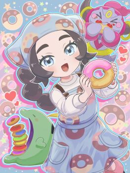 1girl ansha_(pokemon) apron black_hair blue_eyes child commentary_request donut eating feet_out_of_frame food gen_3_pokemon gen_6_pokemon gulpin headscarf highres holding holding_donut holding_food hoopa legendary_pokemon long_hair mythical_pokemon nintendo open_mouth pokemon pokemon_(creature) pokemon_legends:_z-a runachikku shirt standing twintails white_shirt