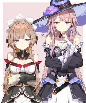 2girls ? absurdres bare_shoulders blue_eyes breasts brown_hair cleavage commentary_request crossed_arms detached_collar detached_sleeves dress genshin_impact hand_on_own_chin hat headdress height_difference herta_(honkai:_star_rail) highres honkai:_star_rail honkai_(series) in-franchise_crossover long_hair looking_at_another medium_breasts mihoyo multiple_girls purple_eyes sandrone_(genshin_impact) short_hair_with_long_locks the_herta_(honkai:_star_rail) very_long_hair witch_hat yamato_(muchuu_paradigm)