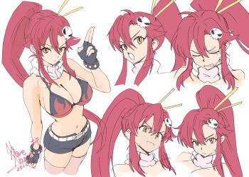 1977_oj3 1girl annoyed arm_up belt bikini breasts cleavage crying from_above hair_between_eyes hair_ornament highres large_breasts multiple_views navel open_mouth red_hair scarf short_shorts shorts sidelocks signature simple_background skull skull_hair_ornament swimsuit tengen_toppa_gurren_lagann thighhighs upper_body white_background yoko_littner zettai_ryouiki