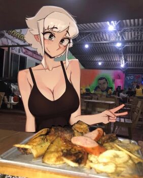 1girl bare_arms black_tank_top breasts cleavage closed_mouth collarbone commentary english_commentary food grawlix_(shibansfw) grey_eyes hand_up highres indoors large_breasts looking_at_viewer original parted_bangs photo_background restaurant shibansfw short_hair smile solo table tank_top v white_hair