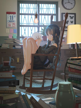 1girl armchair backlighting bare_legs barefoot black_dress black_hair blurry blush bokeh book book_stack bug butterfly cabinet calendar_(object) chair clock closed_mouth depth_of_field display_case dress feet feet_on_chair from_side full_body glass hair_ornament hairclip highres holding holding_skull indoors insect knees_up lampshade legs light_bulb light_particles long_hair looking_at_viewer looking_to_the_side messy_room open_book original purple_eyes rocking_chair short_dress sitting skull smile solo toes vofan wall_clock window