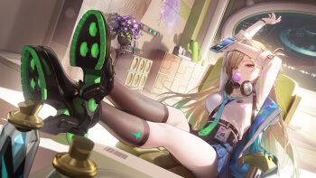 Rule 34 | 1girl, aqua necktie, arms up, black shoes, black skirt, black socks, blonde hair, blowing bubble gum, breasts, cellphone, chewing gum, chinese commentary, colored tips, commentary, feet on table, green hair, headphones, headphones around neck, highres, holding, holding phone, id card, indoors, jacket, long hair, lynae (wuthering waves), medium breasts, multicolored hair, necktie, paid reward available, phone, purple eyes, shirt, shirt tucked in, shoes, skirt, smartphone, socks, solo, spray can, white shirt, wuthering waves, zhenli-mari