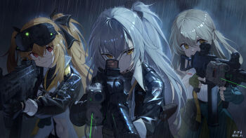 3girls :3 absurdres asymmetrical_gloves black_gloves black_jacket bld_zi brown_hair closed_mouth commentary_request crossed_bangs fingerless_gloves girls'_frontline girls'_frontline_2:_exilium gloves green_eyes green_gloves grey_gloves grey_hair gun h&amp;k_ump hair_between_eyes head-mounted_display highres holding holding_gun holding_weapon jacket korean_commentary lainie_(girls'_frontline_2) laser laser_pointer_projection lenna_(girls'_frontline_2) leva_(girls'_frontline_2) long_hair looking_at_viewer midriff mismatched_gloves multiple_girls navel necktie one_side_up open_clothes open_jacket rain red_eyes scar scar_across_eye scar_on_face scope star-shaped_pupils star_(symbol) submachine_gun symbol-shaped_pupils twintails ump40_(girls'_frontline) ump45_(girls'_frontline) ump9_(girls'_frontline) weapon yellow_eyes yellow_necktie