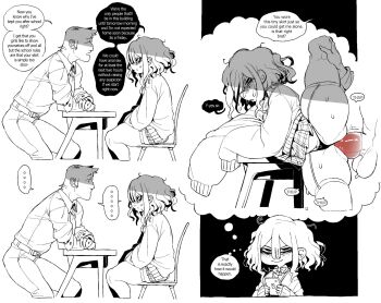 1boy 1girl anal baggy_clothes bags_under_eyes dizzyspells english_text garter_straps gloom_(expression) hair_between_eyes highres jimiko leg_up medium_hair mojyo monochrome original penis skirt smile speech_bubble sweatdrop testicles thick_thighs thighhighs thighs unkempt wavy_hair