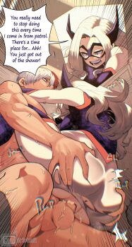 1boy 1girl absurdres anus arms_around_neck artist_logo blonde_hair bodysuit boku_no_hero_academia clauschristmas clothed_female_nude_male comic cowlick cum domino_mask ejaculating_while_penetrated ejaculation english_text eye_mask fake_horns from_below grabbing_another&#039;s_ass groping hetero highres horned_headwear horns logo long_hair looking_down mask mount_lady multicolored_hair muscular muscular_male nude open_mouth pussy red_hair sex speech_bubble suspended_congress sweatdrop testicles todoroki_shoto two-tone_hair white_hair