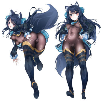 1girl absurdres ahoge animal_ears argyle_clothes argyle_shirt argyle_thighhighs ass black_hair black_shrug bodystocking bodysuit cameltoe checkered_thighhighs cleft_of_venus commentary_request covered_clitoris covered_erect_nipples covered_navel detached_pants erect_clitoris from_behind hands_on_own_hips highres impossible_bodysuit impossible_clothes impossible_leotard leotard long_hair multiple_views niko_(tama) original pussy shrug_(clothing) skin_tight smile solo svartlilja_(vrchat) tail vrchat white_background wolf_ears wolf_girl wolf_tail