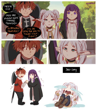 1boy 2girls =_= artist_name axe battle_axe black_coat black_pantyhose black_tunic blunt_bangs boots brown_boots capelet coat commentary crying dress earrings elf english_commentary english_text expressionless fern_(sousou_no_frieren) forest frieren furrowed_brow hair_over_shoulder highres holding holding_own_hair jacket jewelry knees_to_chest long_hair long_pointy_ears looking_at_another multiple_girls nature open_clothes open_coat outdoors pantyhose pointy_ears purple_eyes purple_hair red_eyes red_hair red_jacket smile sousou_no_frieren spatziline speech_bubble standing stark_(sousou_no_frieren) streaming_tears teardrop_earrings tears tunic upper_body weapon weapon_on_back white_capelet white_dress