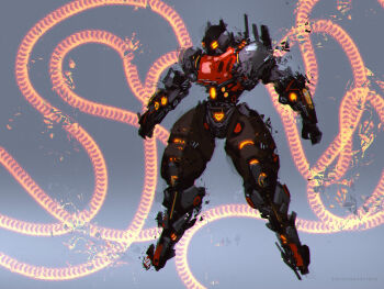 Rule 34 | armor, artist name, benedickbana, black armor, brown armor, commentary, concept art, cyberpunk, cyborg, deviantart username, distortion, energy tentacles, english commentary, extra eyes, glitch, glowing, glowing eyes, glowing lines, gradient background, highres, joints, mecha, mechabare, multicolored armor, orange eyes, orange light, original, red armor, robot, robot joints, science fiction, wacom, watermark