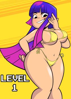 1girl absurdres bikini black_eyes blue_hair blush breasts cleavage glitch_techs grimphantom grin highres large_breasts long_hair looking_at_viewer micro_bikini miko_kubota multicolored_hair navel nickelodeon purple_hair raised_eyebrow side-tie_bikini_bottom smile standing swimsuit teeth two-tone_hair underboob wide_hips yellow_background yellow_bikini