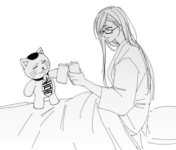 2girls ayase_seiko bed_sheet bell can cat closed_mouth commentary dandadan from_side glasses greyscale hair_behind_ear holding holding_can long_hair looking_at_another maneki-neko mature_female monochrome multiple_girls neck_bell pillow profile rotomem sitting standing swept_bangs toasting_(gesture) turbo_granny_(dandadan) under_covers white_background