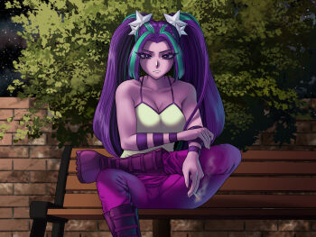 1girl absurdres alternate_breast_size_(larger) aqua_streaks aria_blaze aria_blaze_(human) bare_arms bare_shoulders bench between_fingers black_sky blunt_sidelocks boots bracelet breasts brick_wall camisole cigarette cleavage closed_mouth collarbone colored_skin commentary commission crossed_legs curtained_hair english_commentary equestria_girls:_rainbow_rocks eyes_visible_through_hair eyeshadow facing_viewer fingernails foot_out_of_frame frown hair_ornament hand_on_own_arm highres holding holding_cigarette jewelry knee_boots knee_up leaning_forward light_particles lips long_hair looking_down makeup medium_breasts multicolored_hair multiple_bracelets my_little_pony my_little_pony:_equestria_girls my_little_pony:_friendship_is_magic night on_bench outdoors pants park_bench parted_bangs pink_pants pink_skin purple_boots purple_eyes purple_eyeshadow purple_hair purple_trim riley_av sidelighting sidelocks sitting sky solo spaghetti_strap star_(sky) star_(symbol) star_hair_ornament straight-on streaked_hair thick_eyelashes tree twintails two-tone_hair v-shaped_eyebrows very_long_hair white_camisole