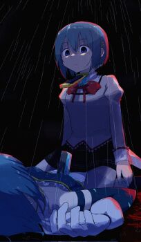 2girls aokabi_256 black_skirt blood blue_shirt commentary_request dual_persona empty_eyes gloves hair_between_eyes hair_ornament hairclip highres magical_girl mahou_shoujo_madoka_magica mahou_shoujo_madoka_magica_(anime) miki_sayaka miki_sayaka_(magical_girl) mitakihara_school_uniform multiple_girls neck_ribbon pleated_skirt puffy_sleeves rain red_ribbon ribbon school_uniform shirt short_hair skirt straddling strapless strapless_shirt white_gloves yellow_shirt