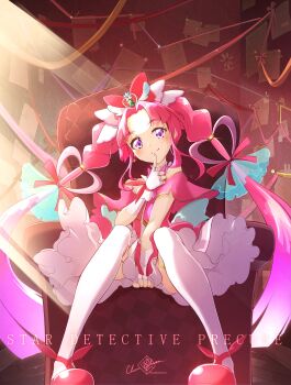 1girl absurdres artist_name blunt_bangs blunt_ends bow clear_glass_(mildmild1311) commentary_request copyright_name cure_mystique dress earrings english_text eyelashes fingerless_gloves glove_bow gloves gradient_hair hair_bow hair_ornament happy highres impossible_hair jewelry kobayashi_mikuru layered_dress long_hair looking_at_viewer magical_girl medium_dress meitantei_precure! multicolored_hair off-shoulder_dress off_shoulder parted_bangs pink_dress pink_hair pleated_dress precure purple_eyes signature sitting smile solo thighhighs twintails twitter_username very_long_hair white_gloves white_thighhighs