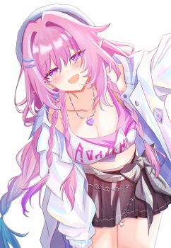 1girl absurdres black_skirt braid breasts cleavage collarbone colored_tips commentary cowboy_shot cyrene_(honkai:_star_rail) cyrene_(nylon_japan)_(honkai:_star_rail) cyrene_(ripples_of_past_reverie)_(honkai:_star_rail) diamond-shaped_pupils diamond_(shape) hashtag-only_commentary hat highres honkai:_star_rail honkai_(series) jacket jewelry large_breasts leaning_forward long_hair looking_at_viewer multicolored_hair necklace official_alternate_costume open_clothes open_jacket open_mouth pink_hair pointy_ears purple_eyes sidelocks simple_background skirt smile solo symbol-shaped_pupils thighs very_long_hair white_background white_hat white_jacket yue_kanade