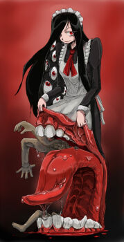 Rule 34 | 1girl, black hair, close (artist), female focus, futaba channel, gradient background, hair over one eye, long hair, maid, maid headdress, monster, monster girl, nijiura maids, ozoi, red eyes, setouchi (blackse), solo, teeth