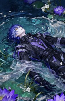 black_gloves flins_(genshin_impact) flower genshin_impact gloves grass highres long_hair lying multicolored_hair on_back purple_flower water white_flower yellow_eyes yuujinn