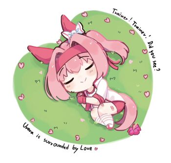 Rule 34 | 1girl, animal ears, bandaid, bandaid on leg, blush stickers, bow, buruma, check flower, chibi, clenched hands, closed eyes, closed mouth, commentary, curtained hair, ear bow, ear covers, english text, facing viewer, fetal position, flower, flower request, from above, full body, gloves, grass, half gloves, hands up, haru urara (bestest prize) (umamusume), haru urara (umamusume), headband, heart, hibiscus, horse ears, horse girl, horse tail, jacket, legs together, lying, on ground, on side, open clothes, open jacket, pink buruma, pink gloves, pink hair, pink headband, pink trim, ponytail, shirt, smile, socks, solo, striped clothes, striped socks, tail, three-quarter sleeves, ukichan22905846, umamusume, white background, white bow, white jacket, white shirt, white socks