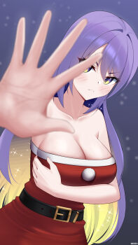 1girl absurdres alceid belt black_belt blonde_hair breasts cleavage closed_mouth collarbone colored_inner_hair dress fur-trimmed_dress fur_trim highres hololive hololive_indonesia long_hair moona_hoshinova multicolored_eyes multicolored_hair pom_pom_(clothes) purple_eyes purple_hair red_dress santa_costume santa_dress solo strapless strapless_dress twitter_username two-tone_eyes virtual_youtuber yellow_eyes