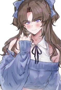 1boy absurdres ayase_ayato_(imamiya_pinoko) blue_bow blush bow brown_hair closed_mouth collared_shirt commentary_request crossdressing crossdressing_(mtf) hair_bow highres imamiya_pinoko long_hair long_sleeves looking_at_viewer male_focus original purple_eyes shirt simple_background sleeves_past_wrists smile solo sweatdrop upper_body white_background white_shirt