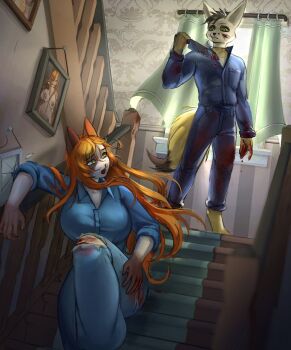 1boy 1girl animal_ears asya_(kmnsaur) black_hair blood blood_on_clothes blood_on_hands bloody_knife blue_jacket blue_pants breasts cat_ears cat_girl commentary commission cosplay curtains dead_by_daylight english_commentary feet_out_of_frame furry furry_female furry_male green_eyes hair_between_eyes halloween hand_on_own_thigh highres holding holding_knife indoors jacket kmnsaur knee_up knife large_breasts long_hair looking_at_another looking_down looking_up mask michael_myers michael_myers_(cosplay) open_mouth orange_hair original pants picture_frame shirt short_hair sitting sitting_on_stairs snout stairs standing sunlight tail torn_clothes torn_pants very_long_hair white_shirt window