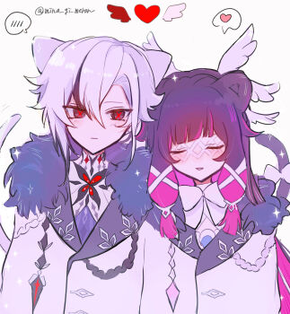 2girls absurdres animal_ears arlecchino_(genshin_impact) black_eyes black_hair black_streaks black_tail blush bow closed_eyes closed_mouth coat columbina_(genshin_impact) commentary eye_mask fatui_coat fur-trimmed_coat fur_trim genshin_impact hair_between_eyes hair_ribbon head_wings heart highres kemonomimi_mode long_hair looking_at_another mask mina_gi_meron multicolored_hair multiple_girls parted_lips pink_hair red_pupils ribbon simple_background sparkle spoken_blush spoken_heart streaked_hair symbol-only_commentary symbol-shaped_pupils tail tail_bow tail_ornament twitter_username two-tone_hair upper_body white_background white_bow white_coat white_hair white_ribbon white_tail white_wings wings x-shaped_pupils yuri