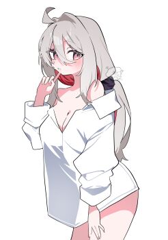 1girl :o absurdres ahoge bare_shoulders blush blush_stickers breasts cleavage colored_inner_hair commentary_request cowboy_shot diamond-shaped_pupils diamond_(shape) finger_to_cheek grey_hair hair_between_eyes hair_intakes hair_ornament hair_scrunchie hand_on_own_thigh highres large_breasts long_hair long_sleeves looking_at_viewer looking_back loose_clothes loose_shirt low_ponytail ma_tai_(oimotororo1116) messy_hair multicolored_hair off_shoulder oimotororo1116 open_clothes original oversized_clothes oversized_shirt pink_eyes ponytail red_hair scrunchie shirt sidelocks solo standing symbol-shaped_pupils thick_eyelashes thighs tsurime white_background white_shirt