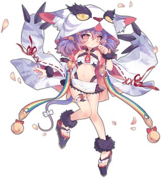 1girl animal_ear_fluff animal_ears animal_hood ankle_cuffs ark_order bell blush crop_top detached_sleeves full_body fur_cuffs geta hair_ornament hairclip hood ibex jingle_bell long_sleeves looking_at_viewer midriff miniskirt multicolored_hair nue_(ark_order) official_art purple_hair rainbow_print red_eyes red_footwear red_ribbon ribbon ribbon-trimmed_sleeves ribbon_trim shirt short_twintails sidelocks skirt solo streaked_hair tachi-e thigh_strap transparent_background twintails white_shirt white_skirt wide_sleeves wrist_cuffs