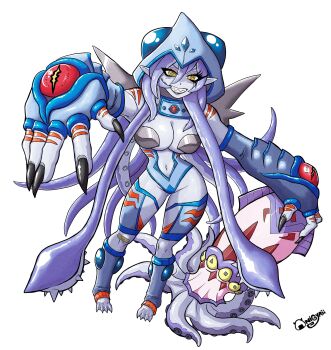 1girl absurdres armor black_eyes breasts calamaramon colored_sclera digimon digimon_(creature) fusion highres lipstick looking_at_viewer makeup nail_polish onigyrii oridigi original pointy_ears ranamon red_sclera sharp_teeth smile solo squid teeth tentacles