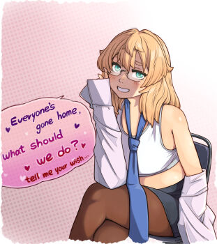 Rule 34 | 1girl, bespectacled, black skirt, blonde hair, blue necktie, blush, bra, breasts, bridget (guilty gear), brown pantyhose, chair, commentary, commentary request, cropped legs, crossed legs, english commentary, english text, genderswap, genderswap (mtf), glasses, gradient background, green eyes, grin, guilty gear, guilty gear strive, heart, highres, long hair, long sleeves, looking at viewer, mixed-language commentary, necktie, open clothes, open shirt, pantyhose, parted lips, pencil skirt, polka dot, polka dot background, shirt, sitting, skirt, small breasts, smile, solo, speech bubble, spoken heart, sports bra, sugajyun, teeth, underwear, undressing, white background, white bra, white shirt, white sports bra