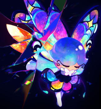 1girl akibevillage arms_behind_back black_background black_shirt blue_hair blue_skirt blue_wings closed_eyes closed_mouth commentary_request cookie_run cookie_run:_ovenbreak crack cracked_glass crossed_legs dot_mouth full_body highres leaning_forward long_sleeves miniskirt no_shoes pantyhose parted_bangs pink_skirt purple_skirt shirt short_hair simple_background skirt solo standing sugar_glass_cookie u_u very_short_hair white_pantyhose wings yellow_skirt