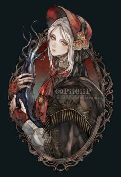 1girl animal artist_name ascot black_border bloodborne bonnet border brown_dress closed_mouth commentary doll doll_joints dress english_commentary green_eyes highres holding holding_animal hunter_(great_one)_(bloodborne) joints medium_hair outside_border pii0iip plain_doll red_ascot red_bonnet squid twitter_username watermark white_hair