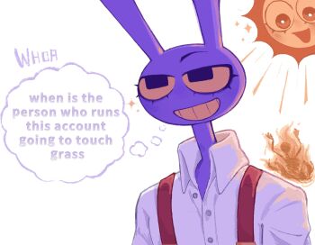 Rule 34 | 1boy, 1girl, animal ears, burning, colored skin, colored teeth, english text, high collar, highres, jax (the amazing digital circus), lower eyelashes only, misfitjax, purple skin, rabbit boy, rabbit ears, red suspenders, shirt, simple background, skeleton, sparkle, speech bubble, sun, sun (the amazing digital circus), the amazing digital circus, thought bubble, upper body, white background, white shirt, yellow eyes, yellow teeth