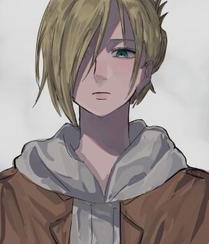Rule 34 | 1girl, annie leonhart, aquiline nose, blonde hair, blue eyes, brown jacket, closed mouth, green eyes, hair bun, hair over one eye, highres, hood, hoodie, jacket, km potett, lips, looking at viewer, nose, one eye covered, paradis military uniform, shingeki no kyojin, short hair, simple background, solo, solo focus, white background, white hoodie