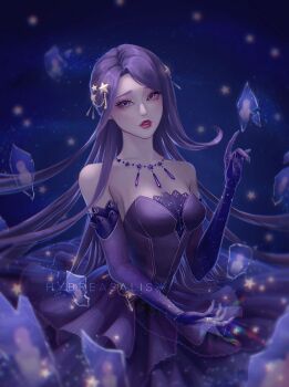 1girl absurdres artist_name bare_shoulders beads breasts cleavage collarbone commentary cowboy_shot dress elbow_gloves english_commentary expressionless eyelashes eyeshadow frilled_dress frills glass_shards gloves gown hair_beads hair_ornament highres hybreasalis jewelry lace lace-trimmed_dress lace-trimmed_gloves lace_trim light_particles lipstick long_hair makeup medium_breasts miracle_nikki necklace nikki_(nikki) nikki_(series) nostrils parted_lips pink_eyeshadow print_dress purple_dress purple_eyes purple_gloves purple_hair realistic red_lips reflection solo space star_(symbol) star_hair_ornament star_necklace star_print star_sea_(nikki) straight_hair strapless strapless_dress very_long_hair watermark