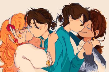 Rule 34 | 1boy, 2girls, blue jacket, blush, braid, brown hair, closed eyes, earrings, from side, glasses, hair ribbon, hairband, hand on another's face, hand on another's shoulder, hand on another's wrist, heart, heart earrings, hetero, highres, hoop earrings, jacket, jewelry, kiss, long hair, low ponytail, main character (our life), multiple girls, multiple views, nobi33ka, orange hair, our life, our life: now and forever, polyamory, ponytail, qiu lin (our life), ribbon, shirt, sweater, tamarack baumann, upper body, wavy hair, white shirt